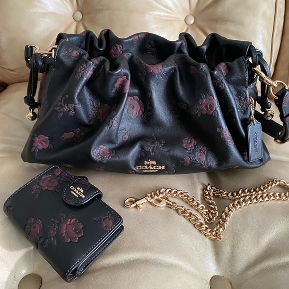 Coach Handbags - LKNW Coach Faye Shoulder Bag & Wallet Set Leather Floral Print Black/Wine